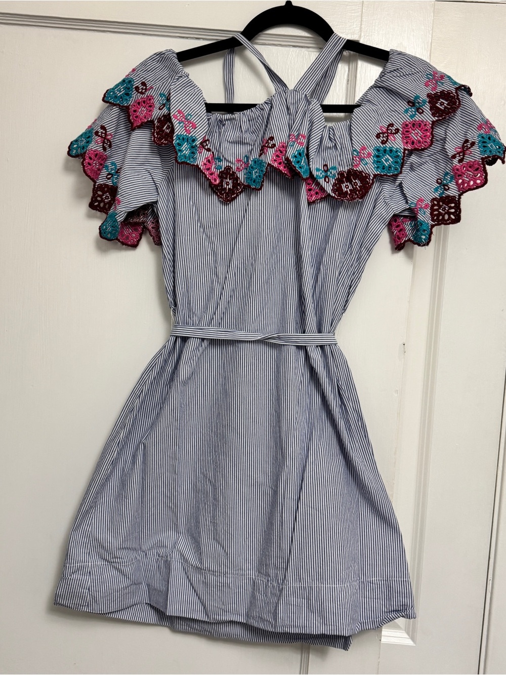 LOFT Blue Stripe Off-Shoulder Dress with Pink & Teal Embroidered Trim